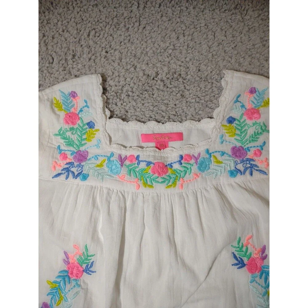 Lilly Pulitzer White Cotton Embroidered Peasant Top - Neon Floral Accents